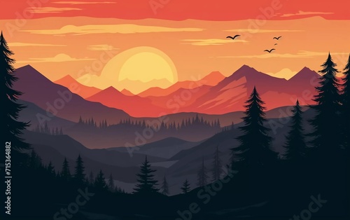 vector Landscape illustration, sunset scene in nature with mountains and forest, beautiful view   © Harjo