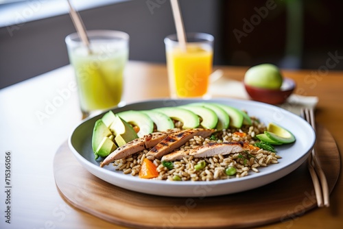 farro with grilled chicken strips and avocado slices