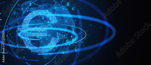 Blue neon Euro symbol on global network backdrop. Finance and digital economy concept. 3D Rendering photo