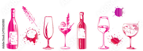 Colorful wine designs - Collection of wine glasses. Sketch vector illustration. Elements for invitation cards, advertising banners and menus. Wine glasses with plants, grasses and splashing wine.