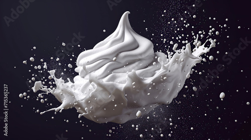 White whipped cream splash isolated on black background.