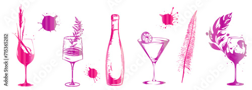 Colorful wine designs - Collection of wine glasses. Sketch vector illustration. Elements for invitation cards, advertising banners and menus. Wine glasses with plants, grasses and splashing wine.