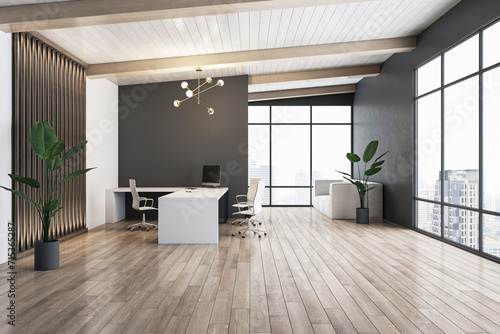 Urban office space with panoramic windows and a sleek  minimalist wood desk. 3D Rendering