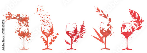 Colorful wine designs - Collection of wine glasses. Sketch vector illustration. Elements for invitation cards, advertising banners and menus. Wine glasses with plants, grasses and splashing wine.