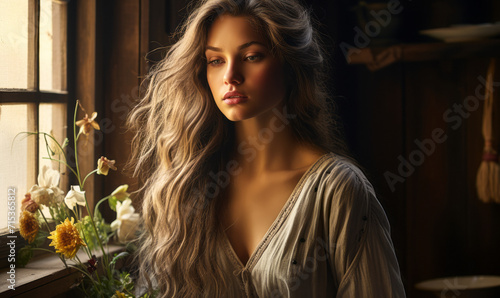 Serene Beauty in Rustic Setting, Ethereal Woman with Flowing Hair by Window Light with Vase of Wildflowers