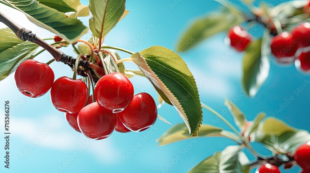 Cherries on a tree branch with blue sky behind