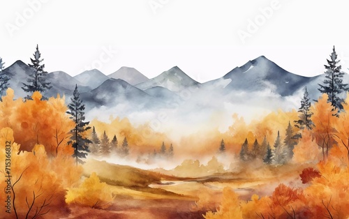 Watercolor autumn forest landscape background. Beautiful view