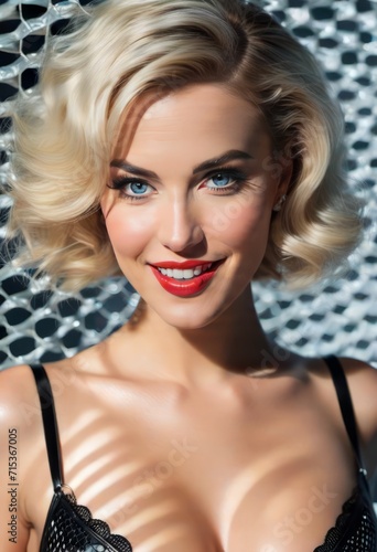 A beautiful blonde in a black leather top with red lipstick and blue eyes.