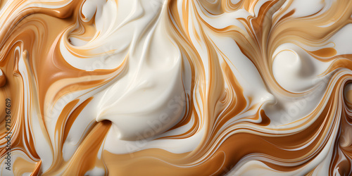 Cappuccino and Milk Foam Close up View. Creamy Caramel Sauce Background. Brown Chocolate Blending into Milk photo
