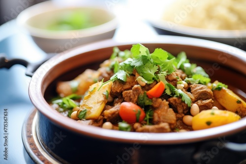 close-up of succulent lamb piece in tagine with sauce