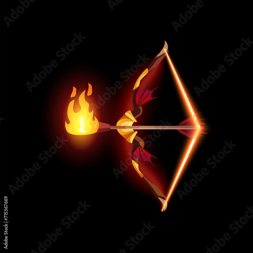 Bow releasing an arrow with fire, flat cartoon vector illustration isolated.