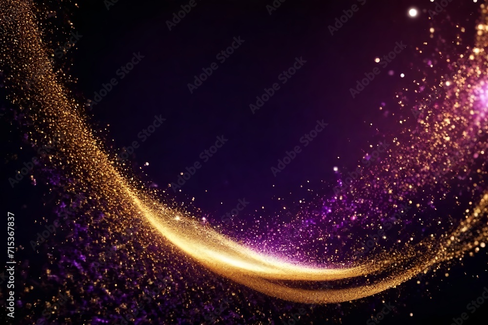 Fototapeta premium Golden waves on a dark purple background with gold dust particles
