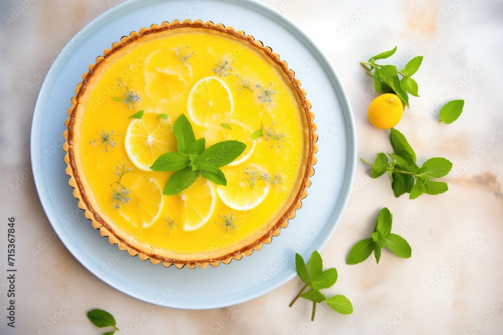 top view of a lemon tart with a mint leaf garnish top view of a lemon tart with a mint leaf garnish