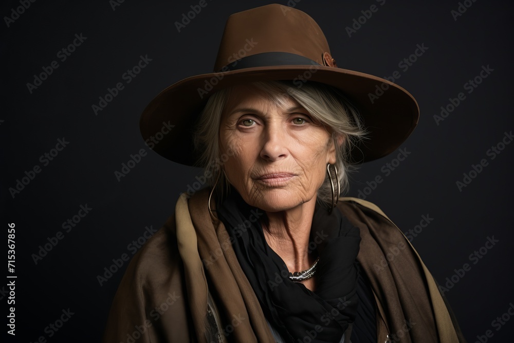 Portrait of a beautiful senior woman in hat and scarf on black background Portrait of a beautiful senior woman in hat and scarf on black background