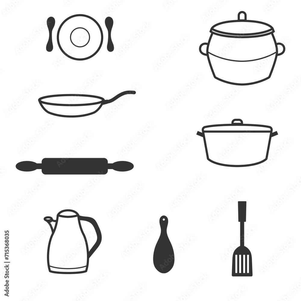 Obraz premium vector icon design set, minimalist bundle of cooking equipment in the kitchen, such as spoons, pans, saucers, knives and others