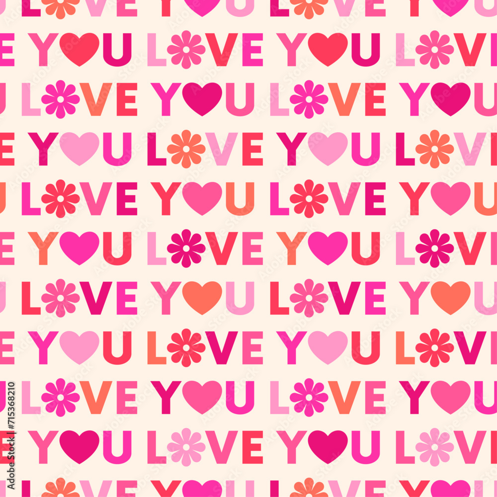 Seamless pattern of word LOVE YOU typography design for valentine's day.