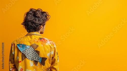 Man with paper fish on back against yellow background. April fool's day