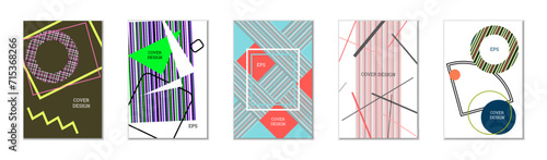 Geometric cover design, set of 5 covers. Abstract unusual background in Memphis style. Bright geometric shapes in random order