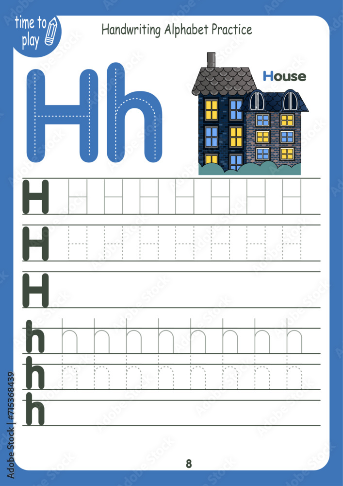 Obraz premium Handwriting workbook for children. Worksheets for learning letters. Activity book for kids. Educational pages for preschool. Letter H