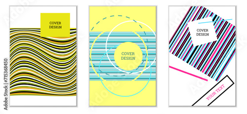 Geometric cover design, set of 3 covers. Abstract unusual background in Memphis style. Bright geometric shapes in random order