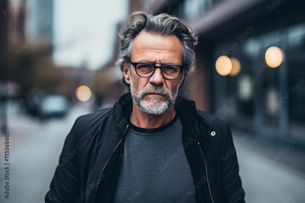 Portrait of a handsome mature man with gray hair and beard wearing black leather jacket and eyeglasses standing outdoors in the city. Portrait of a handsome mature man with gray hair and beard wearing black leather jacket and eyeglasses standing outdoors in the city.