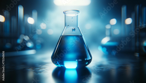  a blue-filled chemistry flask in extreme close-up photo