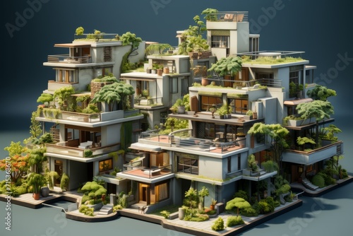 Townhomes with Rooftop Gardens Aerial Shot, on an isolated Sage Green background, Generative AI