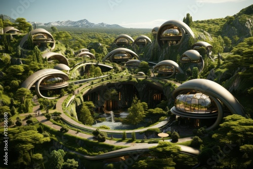 Sustainable Eco Village Aerial View, on an isolated Fern Green background, Generative AI