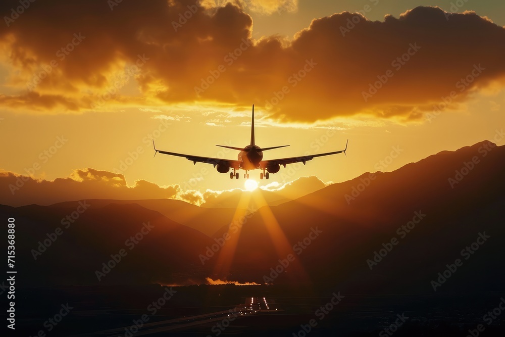 Naklejka premium Golden takeoff towards a sustainable future, airplane soaring at sunset with mountains.