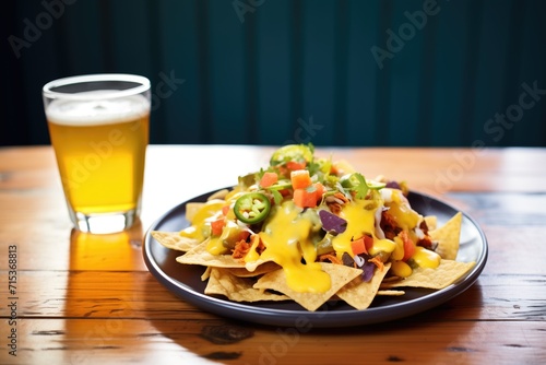nachos with melted cheese and a cold beer beside