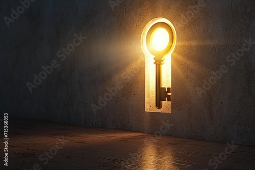 Glowing light from the key shaped hole on the wall, symbolizing big ideas, innovation, solution concepts.  photo