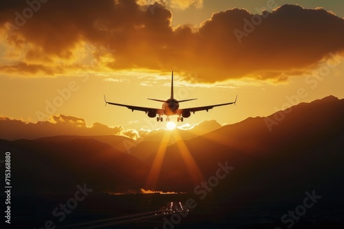 Golden takeoff towards a sustainable future, airplane soaring at sunset with mountains.