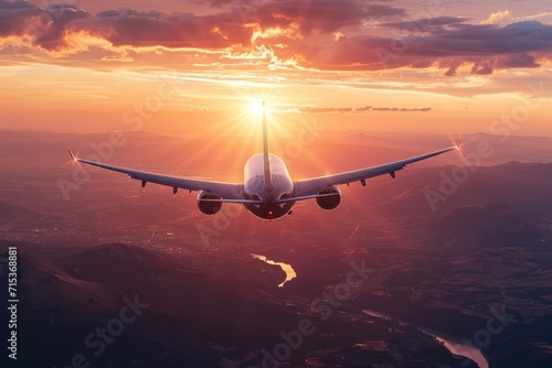 airplane soaring at sunset with mountains
