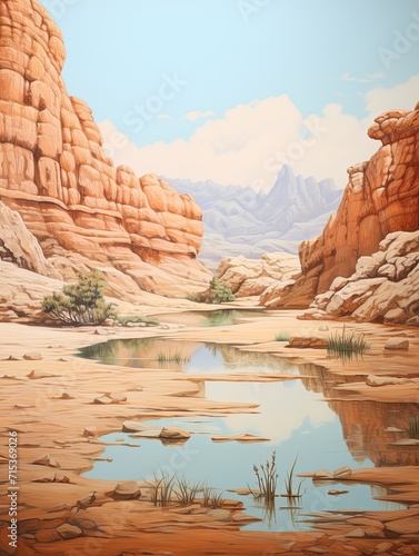 Ancient Desert Landforms: Majestic Beach Scene Painting Capturing the Tranquility of a Desert Lakeside