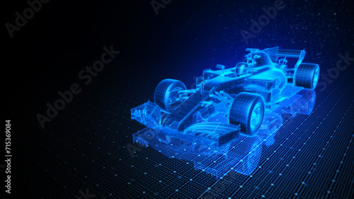 3D Wireframe Illustration of Formula One Car With Orange Blue Background photo