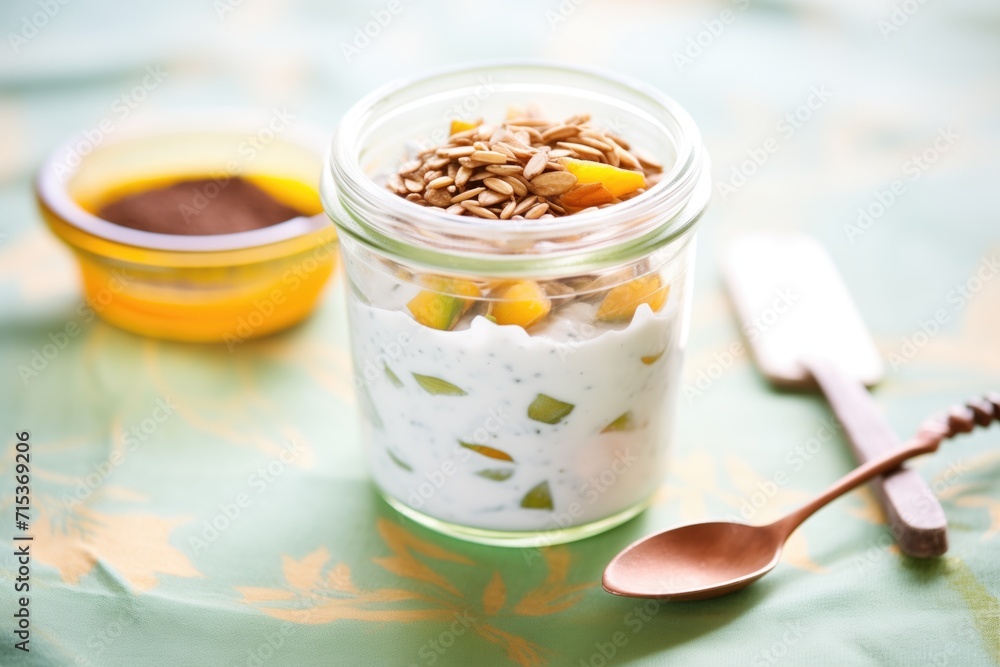 healthy snack: coconut yogurt with a topping of mixed seeds healthy snack: coconut yogurt with a topping of mixed seeds