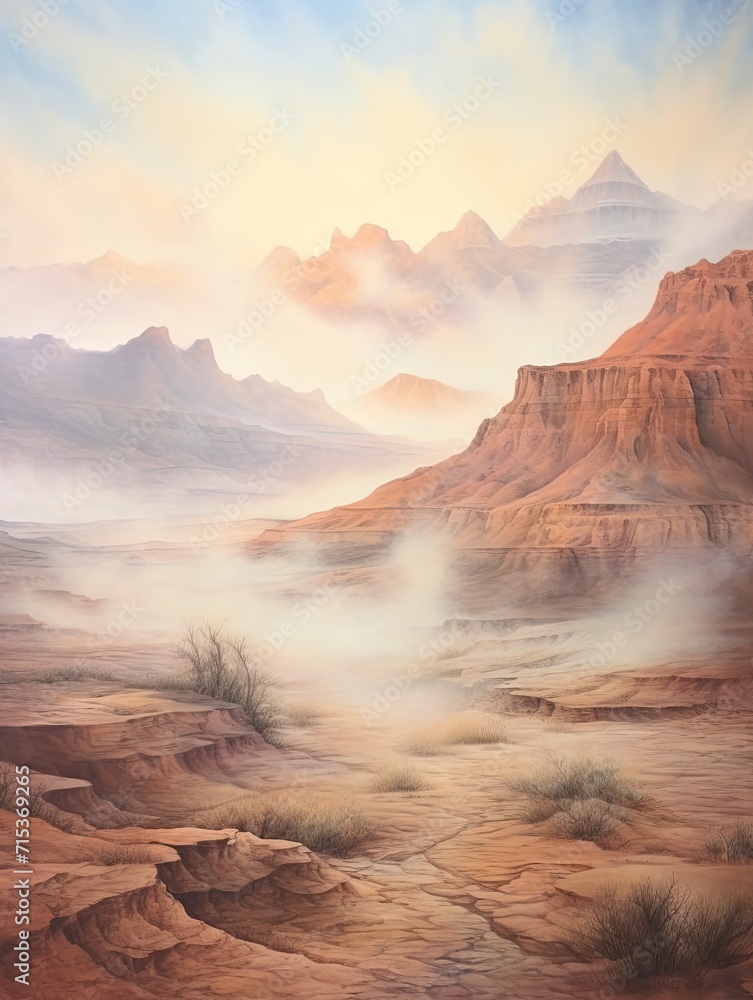 Mystical Morning views of Ancient Desert Landforms in Serene Fog
