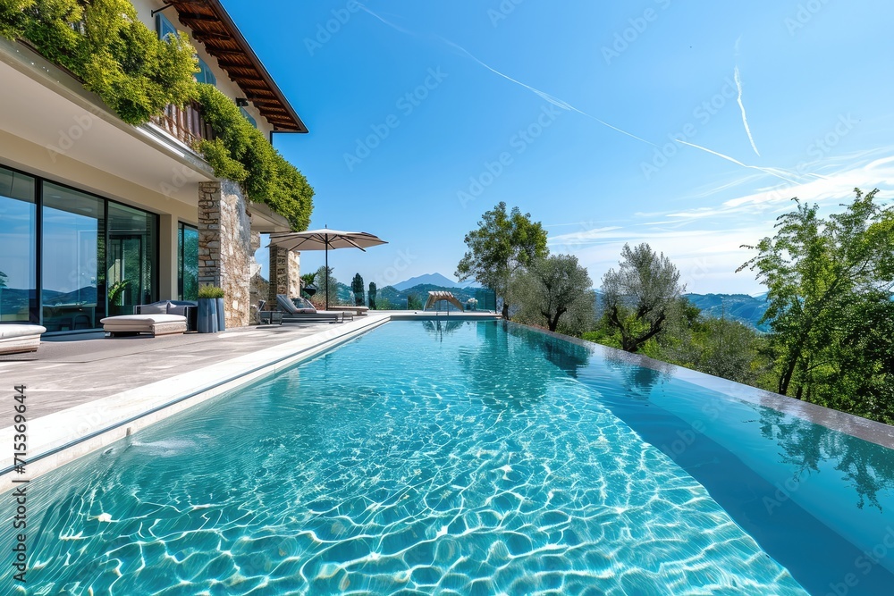 Swimming pool with blue water outside villa during sunny day