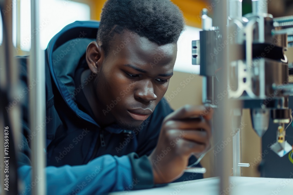 Young African man examining a 3d printed part at creative lab Young African man examining a 3d printed part at creative lab