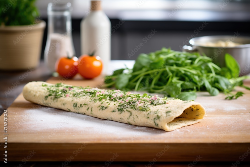 rolled pizza dough with fresh herbs on a floured board rolled pizza dough with fresh herbs on a floured board