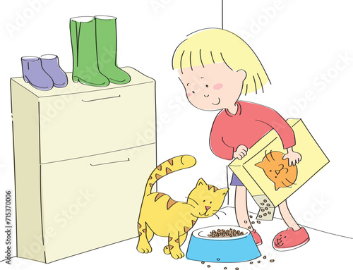 Girl giving food to cat. Child feeding animals. Giving cat food.