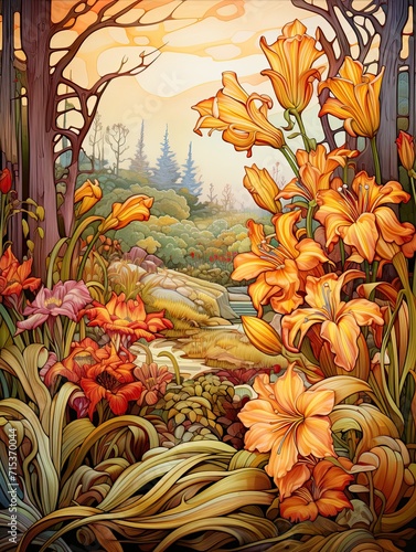 Art Nouveau Floral Designs: Autumn Fusion of Fall Bloom in an Exquisite Landscape Painting