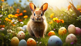 Easter Delight: Charming Rabbit Among Colorful Eggs in a Lush Spring Meadow Bathed in Golden Light