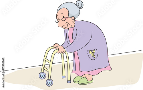 Drawing of an old woman walking with a cane.