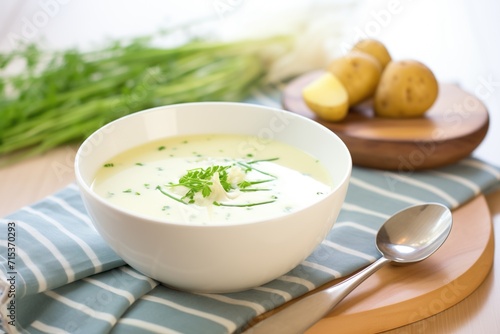 bowl of potato leek soup garnished with fresh chives and cream swirls