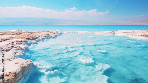 Dead Sea Coastline with White Salt Crystals Wallpaper Background Beautiful Nature Landscape Aqua Blue Sky Panorama Concept of Travel Eco Tour with Copy Space 16:9