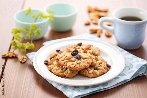 oatmeal cookies with raisins on a ceramic dish with a napkin