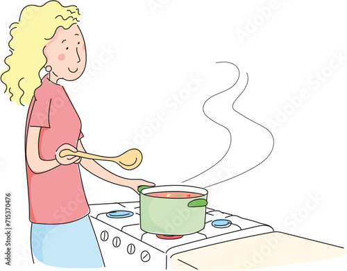 Woman cooking. Woman boiling soup.