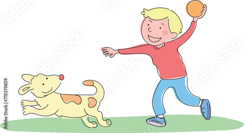 Little boy playing ball with his dog.