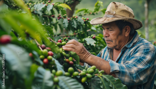 A male farmer picks ripe coffee berries